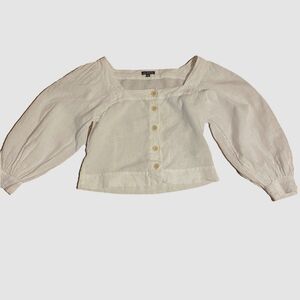 J.Crew White Linen Top Womens Med Square Neck Button-Up Long Sleeve Cropped